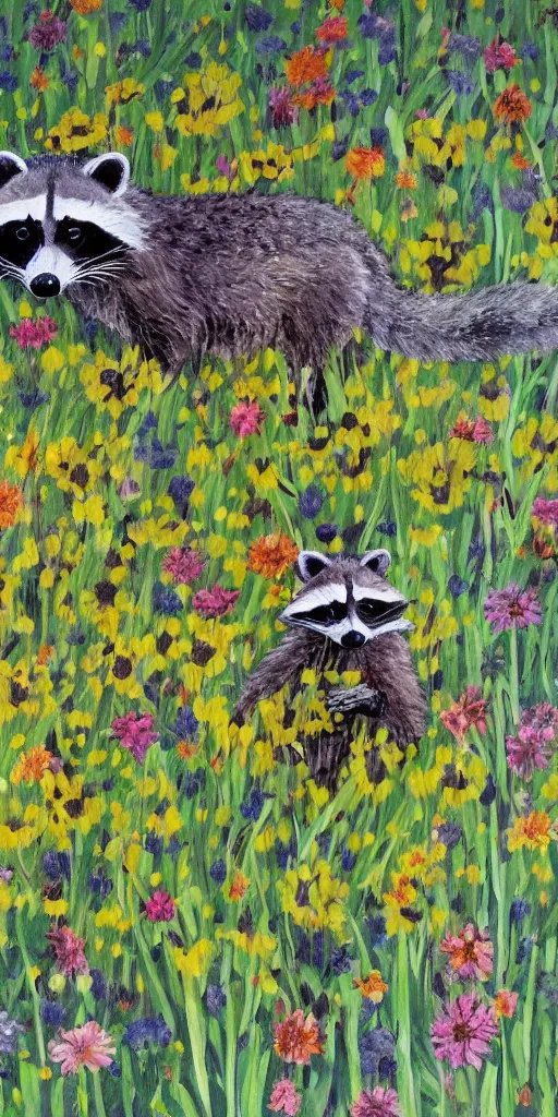 Prompt: painting raccoon in field of flowers,