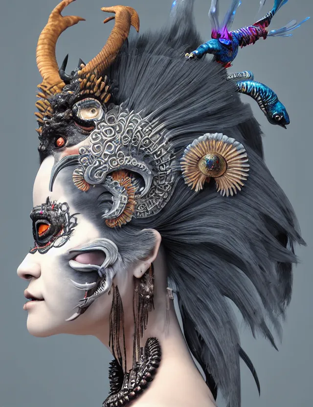 Prompt: 3 d photo realistic goddess close - up profile portrait punk with mohawk with ram skull. beautiful intricately detailed japanese crow kitsune mask and clasical japanese kimono. betta fish, jellyfish phoenix, bio luminescent, plasma, ice, water, wind, creature, artwork by tooth wu and wlop and beeple and greg rutkowski