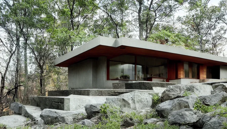 Image similar to small modern house, tibetan inspired architecture, on a green hill between trees and big boulders, frank lloyd wright, photorealistic, cyberpunk