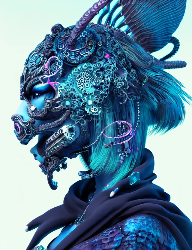 Image similar to 3 d goddess close - up profile portrait cyberpunk with ram skull. beautiful intricately detailed japanese crow kitsune mask and clasical japanese kimono. betta fish, jellyfish phoenix, bio luminescent, plasma, ice, water, wind, creature, artwork by tooth wu and wlop and beeple and greg rutkowski