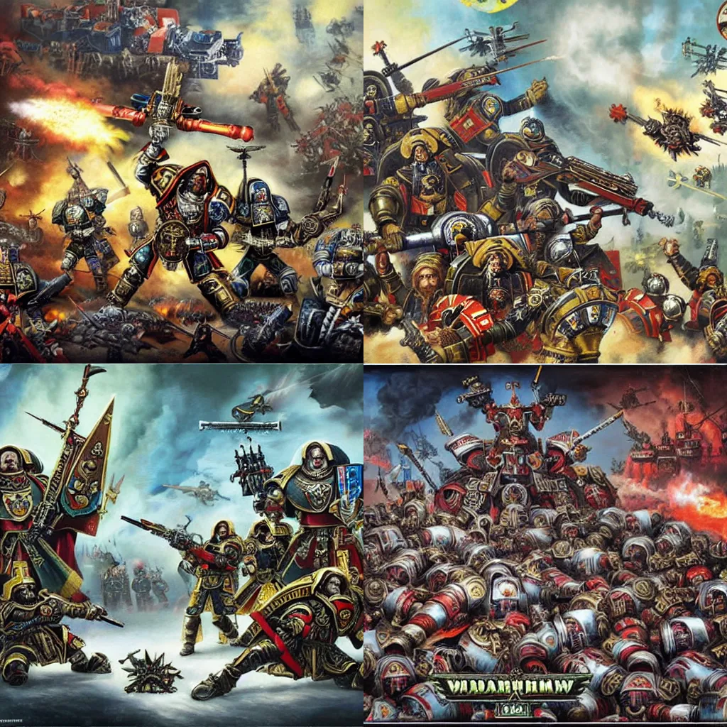 Prompt: russian orthodox warhammer 40k battle scene poster art