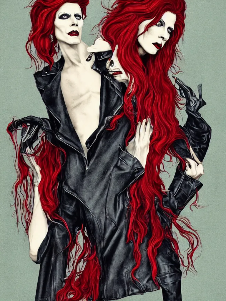 Image similar to art nouveau, David Bowie, vampire, sharp teeth, leather jacket, jeans, long red hair, full body