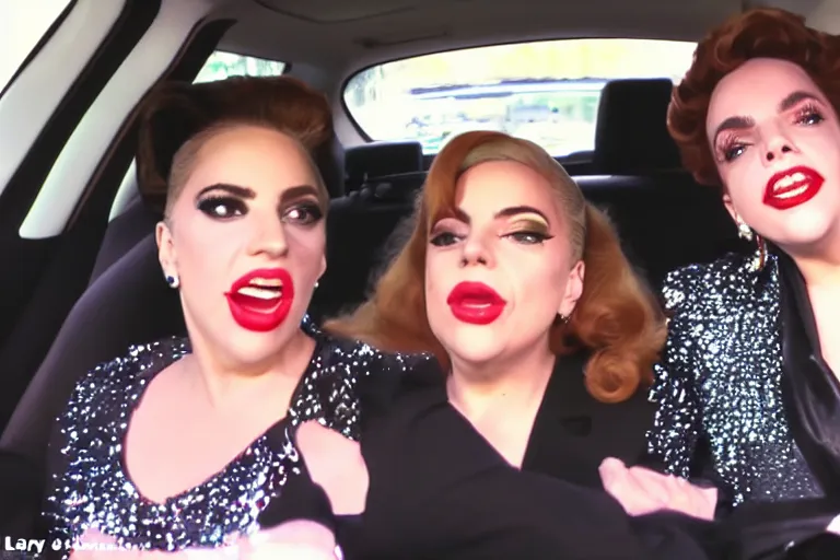 Image similar to lady gaga and judy garland doing carpool karaoke, lady gaga and judy garland, carpool karaoke, lady gaga, judy garland, carpool karaoke, youtube video screenshot, the late late show with james corden, higly realistic, high resolution, dashcam