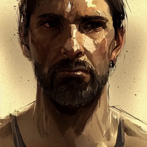 Image similar to Portrait of a man by Greg Rutkowski, he is about 40 years old, southern slav features, messy brown short hair, strong and tall, tired expression, he is wearing a black tank top, highly detailed portrait, scifi, digital painting, artstation, concept art, smooth, sharp foccus ilustration, Artstation HQ.