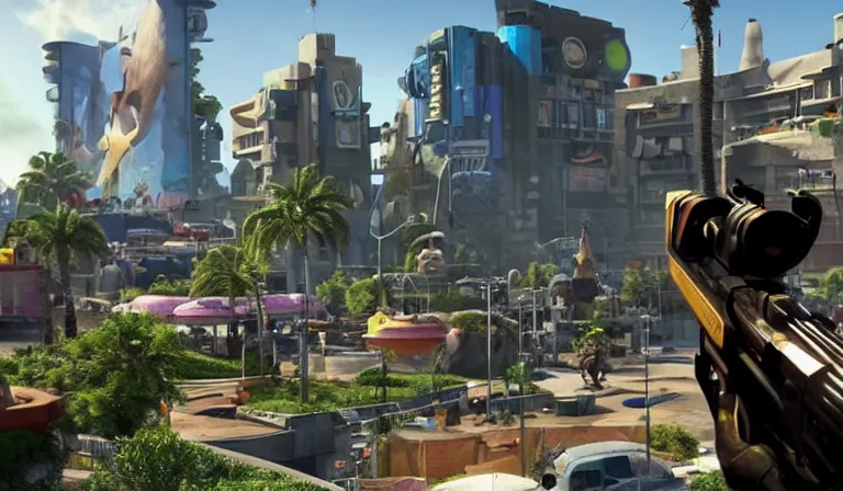 Prompt: screen shot of Call of Duty : Disney, in Zootopia city, Cute and colorful cityscape, Gun at bottom of screen, Pixar Digital Movies