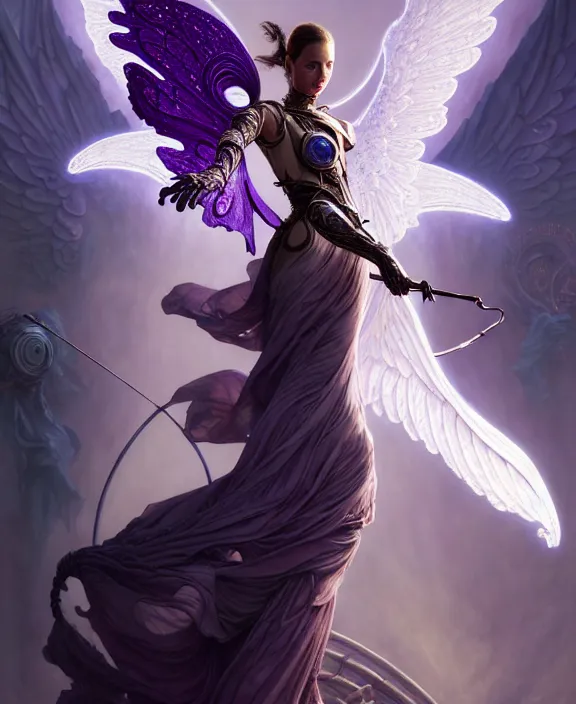 Image similar to beautiful fantasy character portrait, ana de armas, ultra realistic, wide angle, intricate details, the fifth element artifacts, tesseracts, highlights of purple, highly detailed by peter mohrbacher, hajime sorayama, wayne barlowe, boris vallejo, paolo eleuteri serpieri, dishonored 2, white gown, angel wings