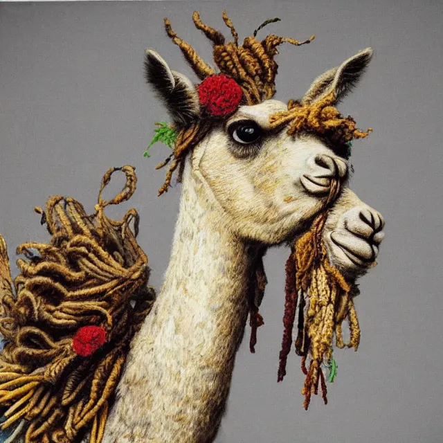 Image similar to llama with dreadlocks, by mandy jurgens, ernst haeckel, el anatsui, by hsiao