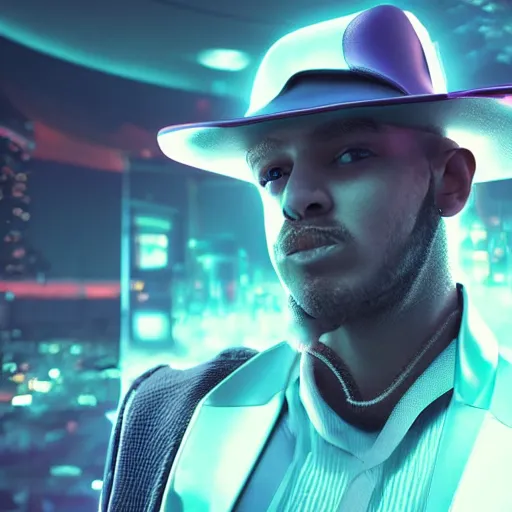 Image similar to a man wearing a hat from the future, cyberpunk background, highly detailed, epic lighting, 8 k