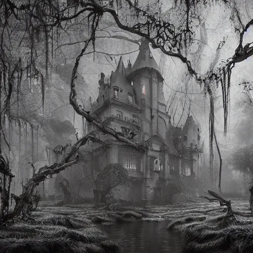 Image similar to mystical baroque castle in haunted swamp surrounded by dense forest with vines, creepy ambiance, desaturated, highly detailed, sharp focus, brutalist architecture, by artgerm, cgsociety