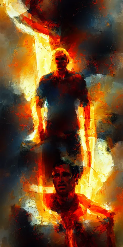 Image similar to abstract painting of man on fire, by craig mullins, featured on artstation. Portrait.