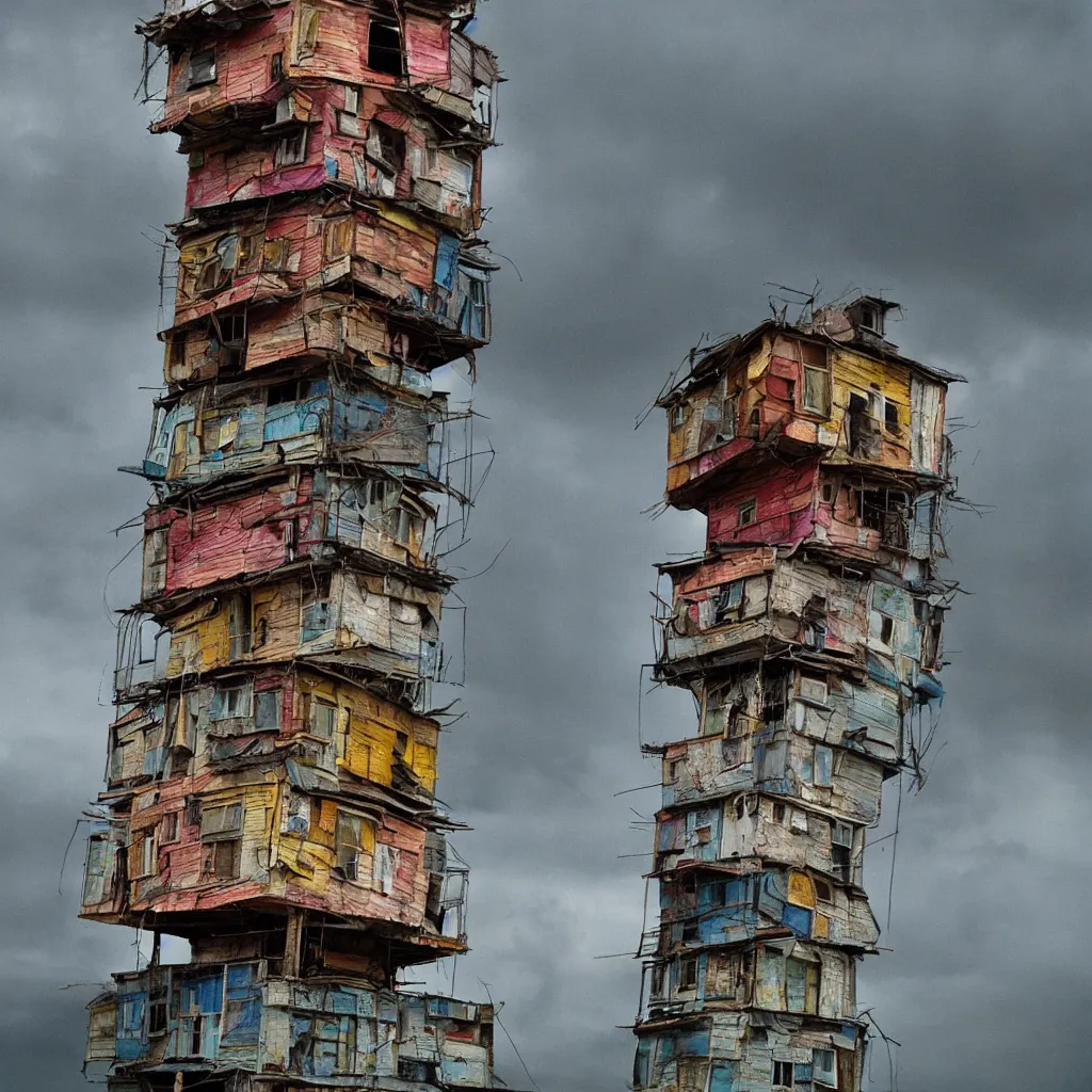 Image similar to close - up view of a tower made up of colourful makeshift squatter shacks, bleached colours, moody cloudy sky, dystopia, mamiya rb 6 7, very detailed, photographed by bruno barbey and brett whitely