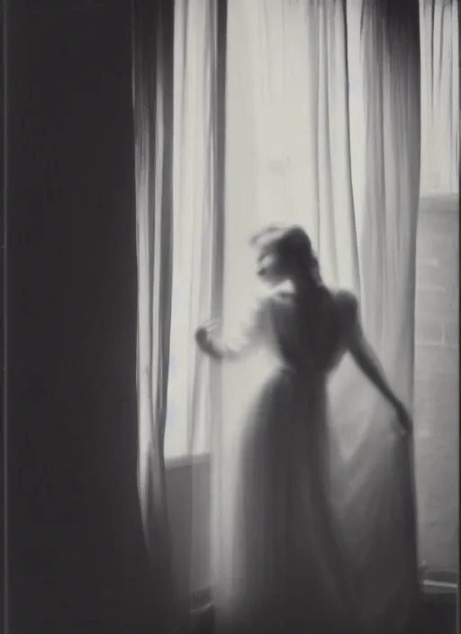 Image similar to a woman in a long flowing white dress dancing by a window in the afternoon, flash polaroid photo by george hurrell, hazy light rays, golden hour