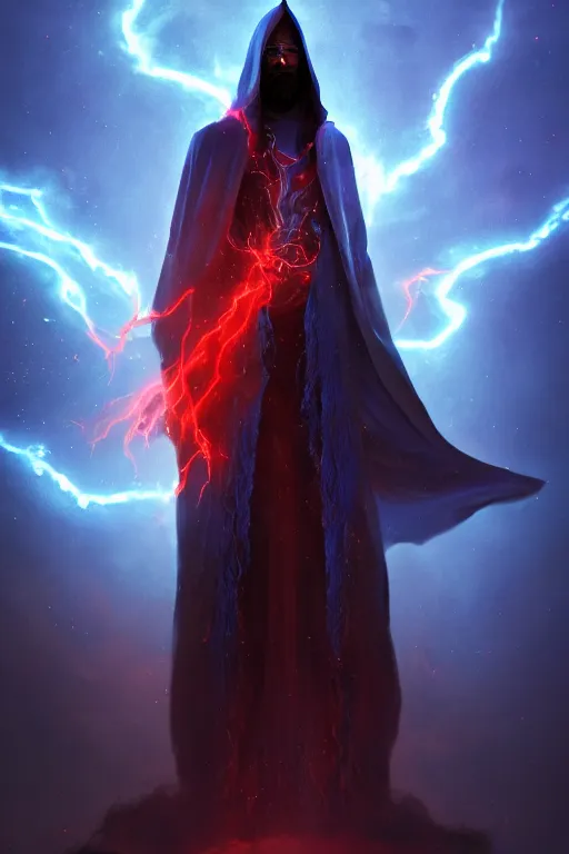 Image similar to A full body portrait of a mysterious dark sorcerer, with a long beard, a very long red and blue hooded cloak with blue fire coming off it, lightning in the sky art by Maciej Kuciara and Jason Chan, ominous, cosmic horror, trending on artstation, Ultra detailed, hyper realistic 4k