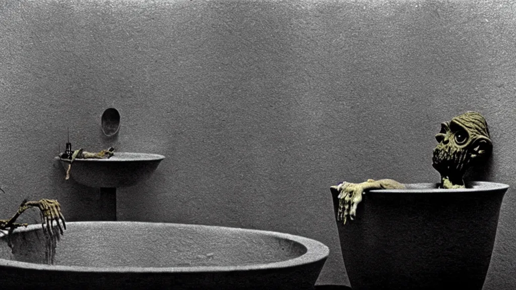 Prompt: the creature in the sink, they taunt me, film still from the movie directed by wes anderson and david cronenberg with art direction by salvador dali and zdzisław beksinski, wide lens
