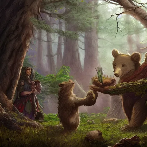 Image similar to elven druid summoning bears in the forest, d & d inspired, trending on artstation, ultra fine detailed, hyper detailed, hd, concept art, digital painting