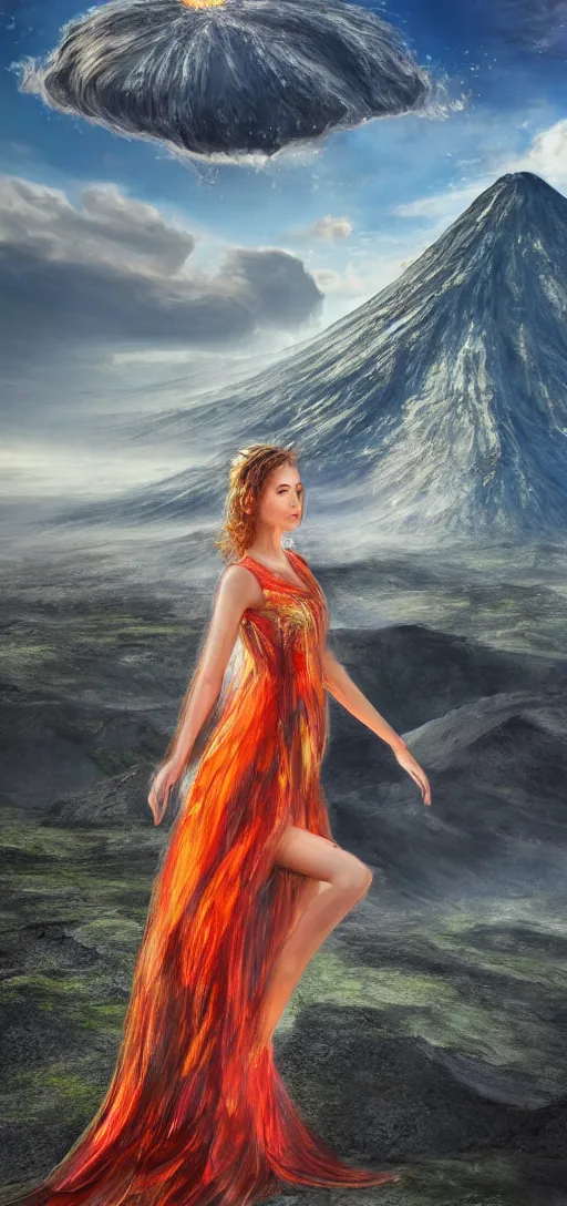 Image similar to a beautiful hyperrealistic ultradetailed 3D, one girl in a magnificent dress stands near a volcano, voge photo, fashion style, fullbody, in full growth, photorealistic, high resolution, trending on artstation, highly detailed, volumetric lighting,artstation, concept art, master illustration, elegant, details, good clear quality, volumetric lighting,