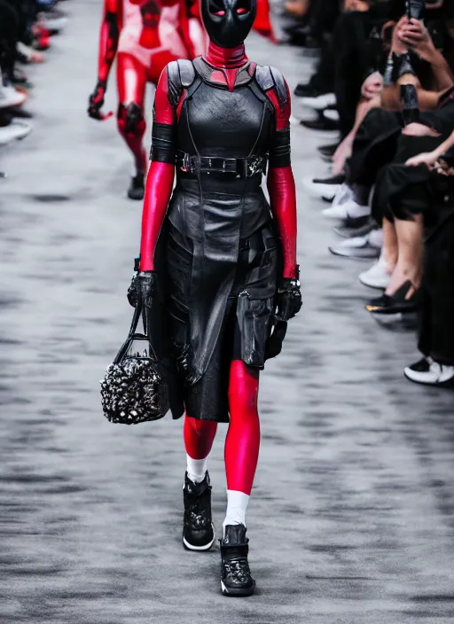 Image similar to hyperrealistic and heavy detailed balenciaga runway show of deadpool, leica sl 2 5 0 mm, vivid color, high quality, high textured, real life