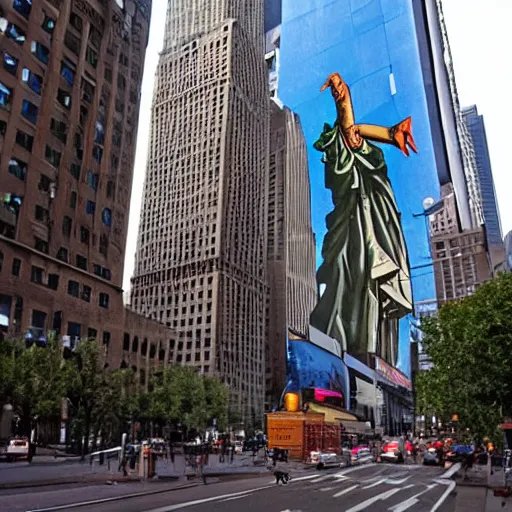 Image similar to a giant hand appear from street of new york