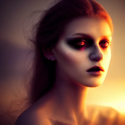 Image similar to photographic portrait of a stunningly beautiful gothic femalewith glowing eyes in soft dreamy light at sunset, contemporary fashion shoot, by edward robert hughes, annie leibovitz and steve mccurry, david lazar, jimmy nelsson, breathtaking, 8 k resolution, extremely detailed, beautiful, establishing shot, artistic, hyperrealistic, beautiful face, octane render