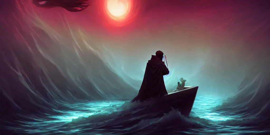 Image similar to Charon the ferryman of Hades, by Cyril Rolando, dramatic lighting, high contrast colors, panoramic view, as trending on Artstation,