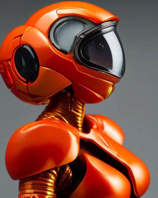 Image similar to helmet portrait of a figurine of samus aran's varia power suit from the sci - fi nintendo videogame metroid. designed by hiroji kiyotake. glossy. red round helmet, orange shoulder pads, green visor. shallow depth of field. suit of armor.