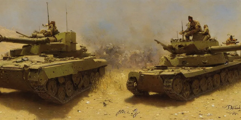 Prompt: afghan modern warfare, background tank, painted by gaston bussiere
