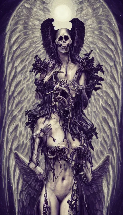 Image similar to painting of an ominous creepy dramatic bright angel of death with many skulls in dark clouds, full-body portrait, highly detailed, ornate and elegant, rococo, fantasy, traditional art, gothic, abstract art, surrealism, concept art, vaporwave, synthwave, ambient, retro, futurism, pixel sorting, glitch art, on artstation