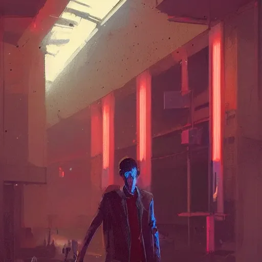 Prompt: concept art by greg rutkowski, a very tall and slender young man walking through the interior of a brutalist looking neighborhood full of holograms and shops while he smokes a cigarette, ambient lighting in neon tones, scifi, highly detailed portrait, digital painting, artstation, concept art, smooth, sharp foccus ilustration, artstation hq