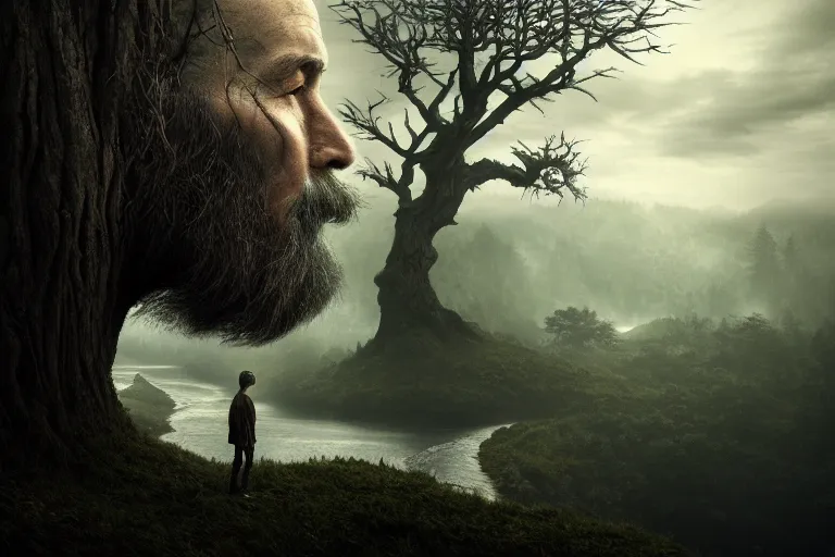 Image similar to an ultra realistic, cinematic headshot portrait, of an evil tree wizard, background of a vast serene landscape, with trees and rivers, detailed, deep focus, movie still, dramatic lighting, ray tracing, by michal karcz and yoshitaka amano