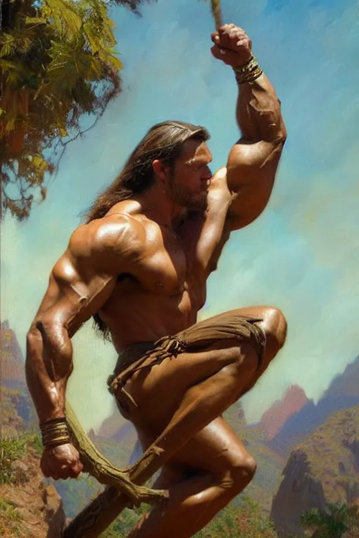 Image similar to muscular tarzan, highly detailed painting by gaston bussiere, craig mullins, j. c. leyendecker 8 k