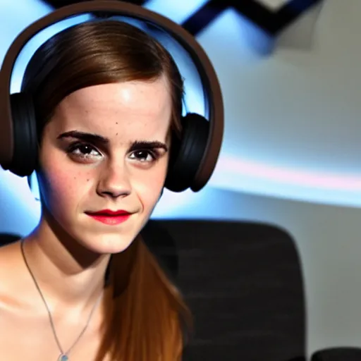 Prompt: emma watson wearing a gaming headset photo sitting on gaming chair dramatic lighting