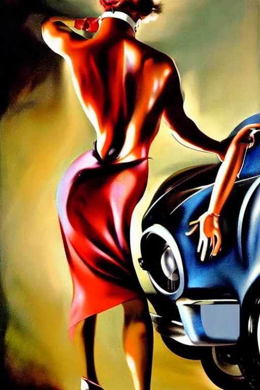 Image similar to muscular mechanic fixing a car engine painting by rolf armstrong, cool colors,