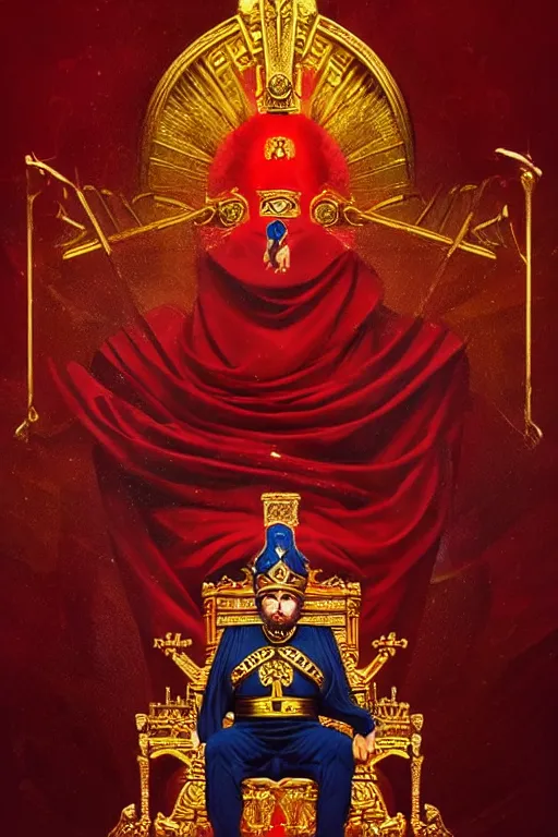 Image similar to the emperor tarot card, the crowned embodiment of male power holding the symbol of his power sits on a lavish red throne ruling with wisdom and care, 8 k resolution digital painting, by alena aenami, by michael whelan, behance hd, trending on artstation deviantart