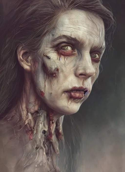 Prompt: decrepit old zombie character portrait, lean face, cinematic lighting, hyper - detailed, 4 k, high resolution, in the style of charlie bowater, tom bagshaw, single face, symmetrical, headshot photograph, insanely detailed and intricate, beautiful, elegant, watercolor, cinematic, portrait, raphaelite, headroom, pierre - auguste renoir