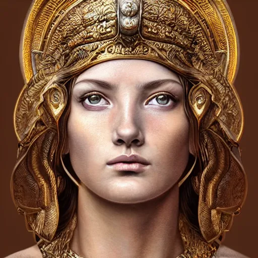 Image similar to hyperrealistic mixed media painting of beautiful goddess Athena, stunning 3d render inspired art by P. Craig Russell and Barry Windsor-Smith, perfect facial symmetry, dim volumetric lighting, 8k octane beautifully detailed render, post-processing, portrait, extremely hyper-detailed, intricate, epic composition, brown brown brown brown eyes, realistic realistic realistic eyes, cinematic lighting, masterpiece, trending on artstation, detailed detailed detailed, masterpiece, stunning