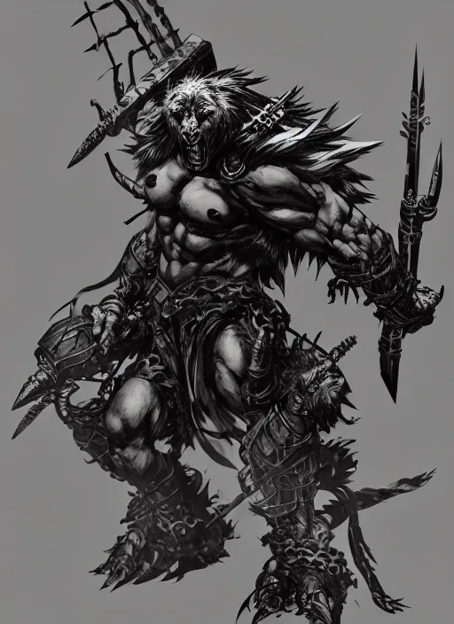 Image similar to Full body portrait of giant old gnoll warrior with a giant black blade. In style of Yoji Shinkawa and Hyung-tae Kim, trending on ArtStation, dark fantasy, great composition, concept art, highly detailed, dynamic pose.