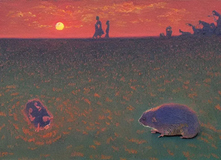 Image similar to impressionist painting of a somber hamster funeral at dusk, in the style of michael whelan and james gurney and wayne barlowe