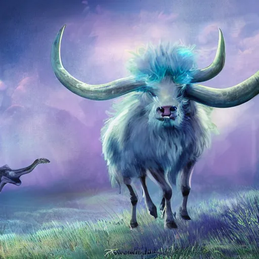 Prompt: an illustration of a giant six - legged beast bull - like head, a pair of horns thick blue fluffy fur walking across a peaceful fantasy meadow with fishes flying in the sky digital art concept art