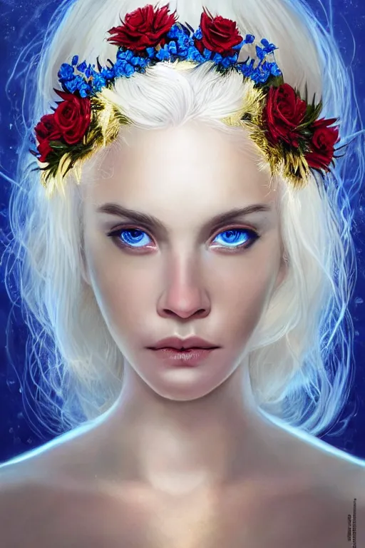 Image similar to a pale girl with white hair and sad blue piercing eyes, black orchid floral crown, distant expression , cinematic lighting, ultra detailed, sharp focus, golden background with white flowers, golden jewellery with blue and red sapphires, super realistic, 8k, art by artgerm and greg rutkowski and zdislav beksinski