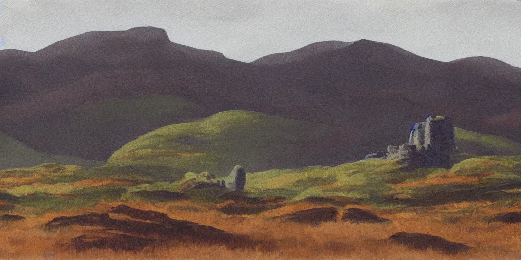 Image similar to painting of rocky highlands with a ruined stone fort in the far distance, overcast skies, muted colors