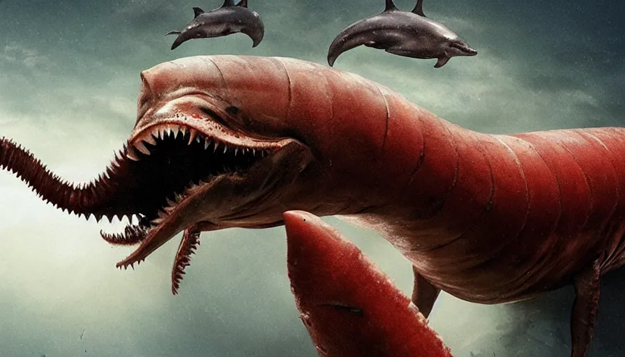 Prompt: big budget horror movie about a carnivorous giant cyborg earthworm attacking a robot dolphin