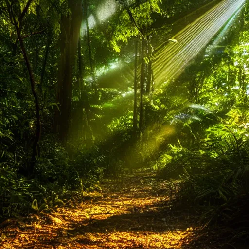 Image similar to A jungle path light rays beaming down from the canopy far above, 8k, lens flare