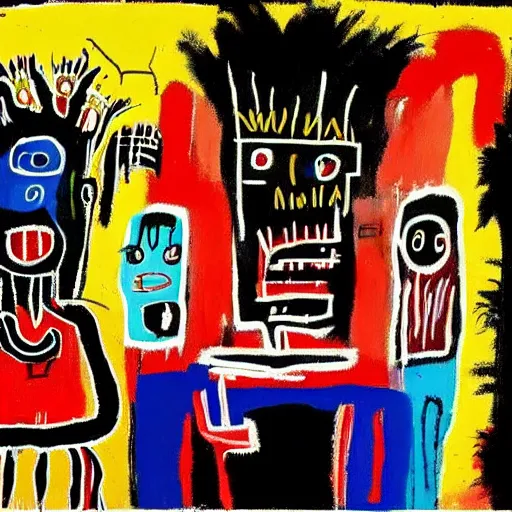 Prompt: a family dinner painted by Jean-Michel Basquiat