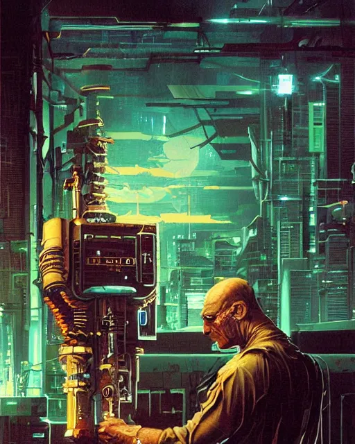 Image similar to a painting of a man holding a machine in his hands, cyberpunk art by les edwards and by michael whelan and by dan mumford, cgsociety, neoplasticism, lovecraftian, future tech, circuitry