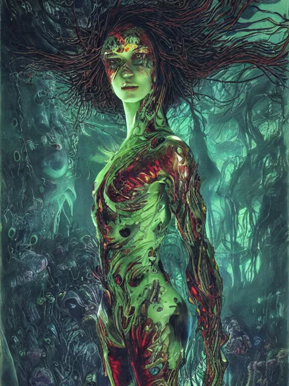 Prompt: ( underwater ) middle length portrait of a living goo glowing cyborg leshy girl, cinematic light, looking to the side off camera, backlight glow, green bright red, mist, by mikhail vrubel, by philippe druillet, by peter elson, by gerald brom, muted colors, extreme detail, trending on artstation, 8 k