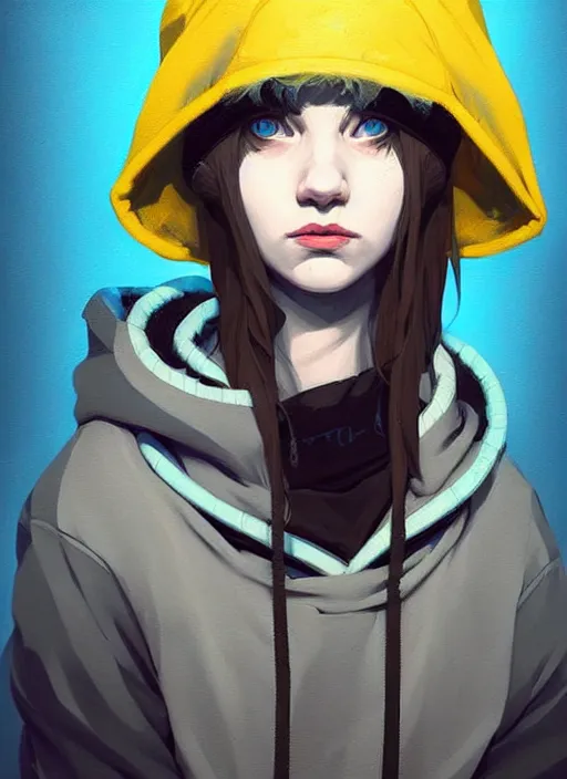 Image similar to highly detailed portrait of a sewer punk lady student, blue eyes, tartan hoody, hat, white hair by atey ghailan, by greg tocchini, by jesper ejsing, gradient yellow, black, brown and cyan color scheme, grunge aesthetic!!! ( ( graffiti tag wall ) )