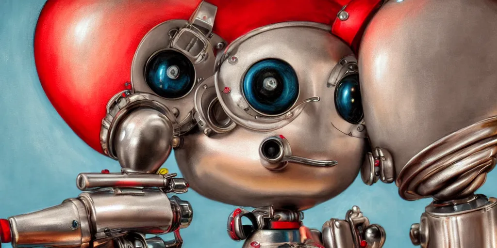 Prompt: closeup portrait of tin toy retro robot painter drawing sketch in an artist workshop, depth of field, zeiss lens, detailed, centered, fashion photoshoot, by nicoletta ceccoli, mark ryden, lostfish, breathtaking, 8 k resolution, extremely detailed, beautiful, establishing shot, artistic, hyperrealistic, octane render