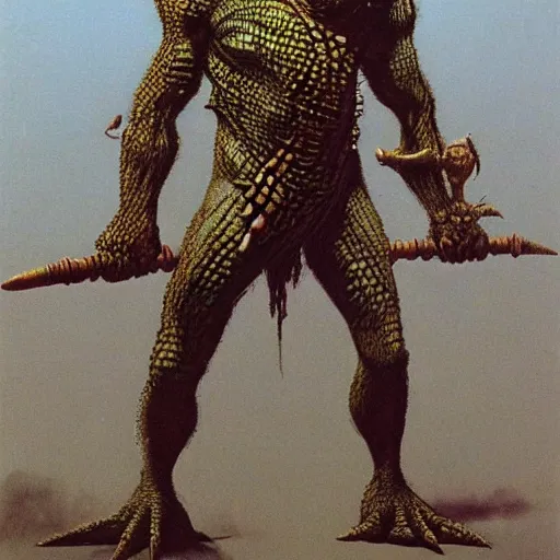 Image similar to tribal lizardman warrior concept, wielding aztec club, beksinski