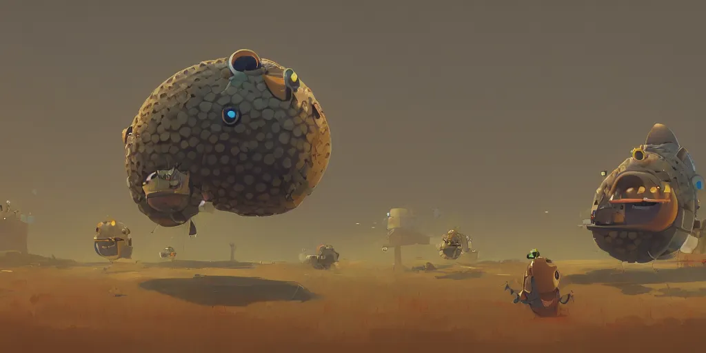 Image similar to puffer fish by Goro Fujita and Simon Stalenhag , 8k, trending on artstation, hyper detailed, cinematic