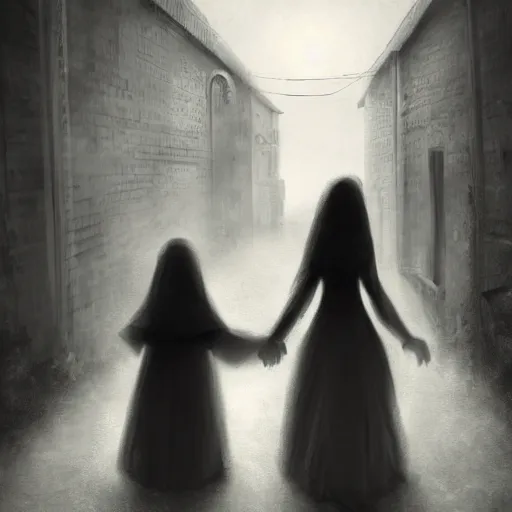 Prompt: Tall scary woman dressed in white dress grabbing a scared child wearing from behind in a dark alley, scary atmosphere,gloomy lighting, digital art , highly detailed , high contrast, beautiful lighting, award winning , trending on art station, 8k, photo realistic